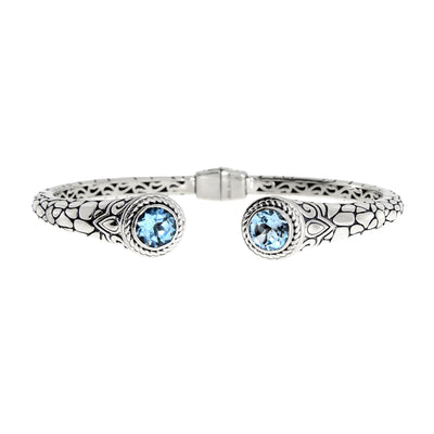 Blue Topaz Bali Rose And Stone Textured 925 Sterling Silver Vintage Cuff Bracelet