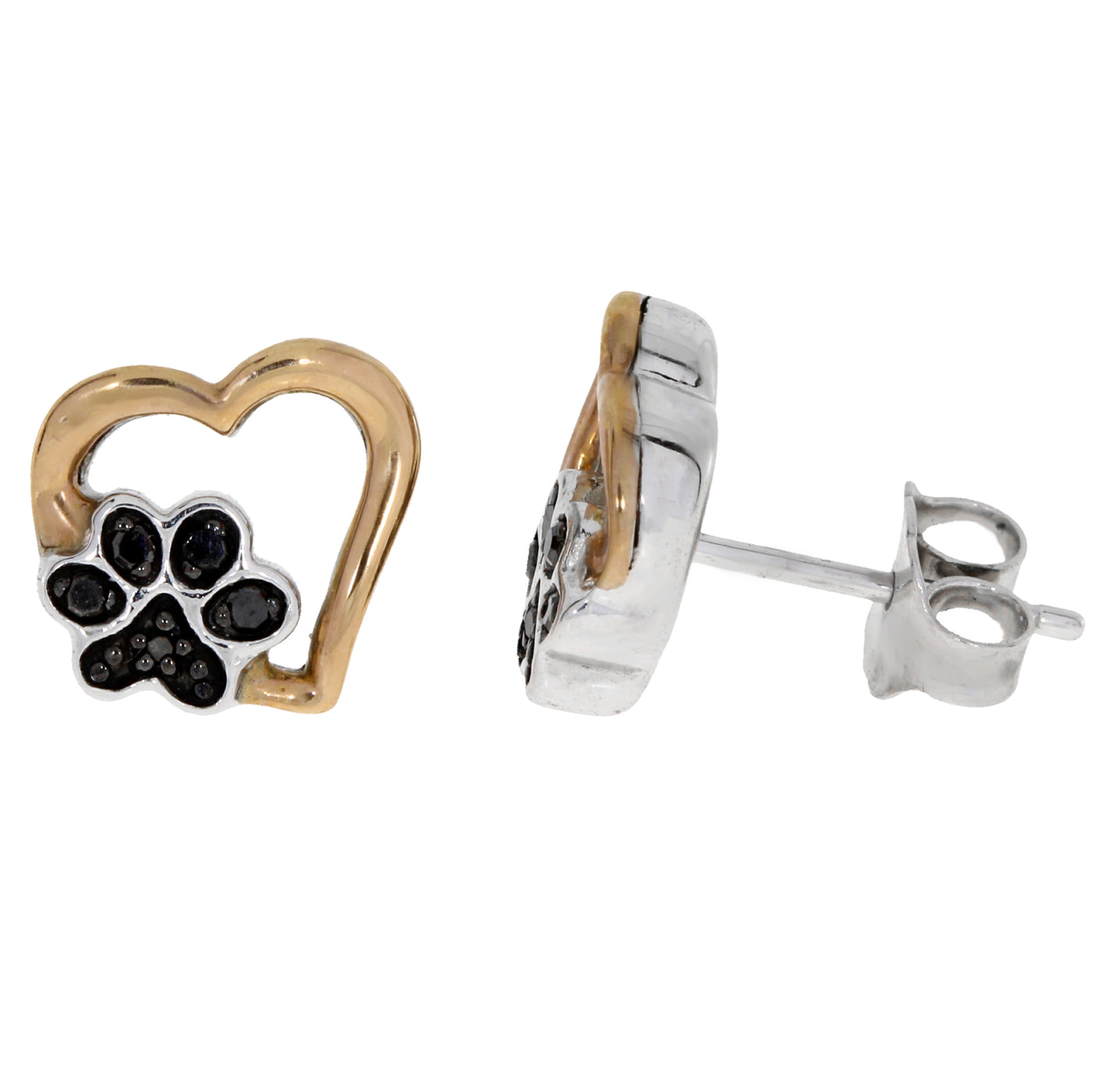 Natural 1/10 (0.08) Carat Black Diamond Puppy Heart Dog Paw Print Sterling Silver Stud Earrings