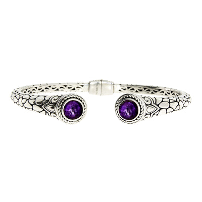 Purple Amethyst Stone Textured 925 Sterling Silver Vintage Cuff Bracelet