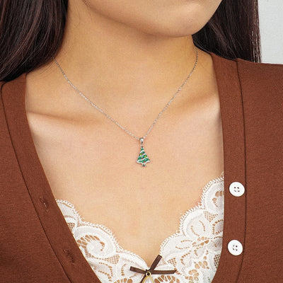 woman wearing nolo holiday 18k gold plated sterling silver Christmas tree colorful necklace