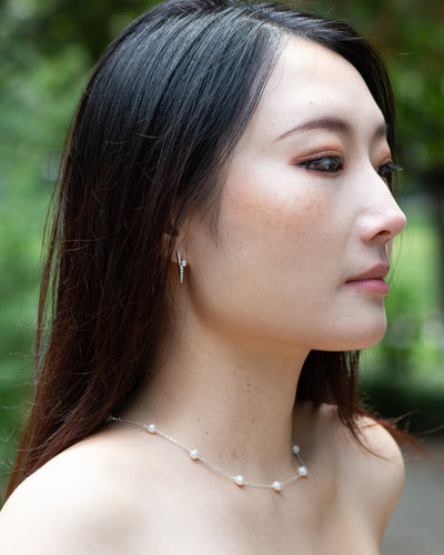 Yumei wearing classic pearl choker dainty sterling silver necklace