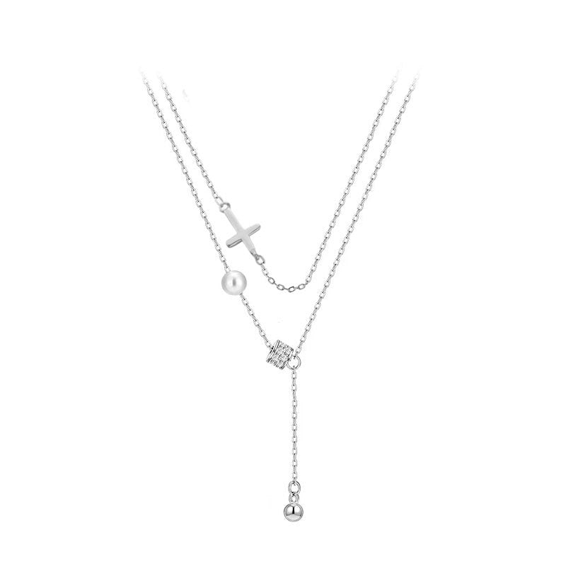 dainty cross and pearl double layered silver necklace