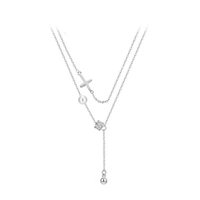 dainty cross and pearl double layered silver necklace