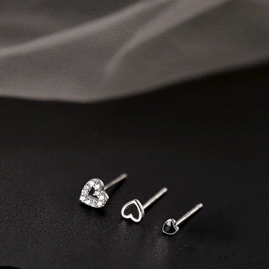 nolo cute dainty small tiny stud cubic zirconia set of three hollow and solid different style mix and match sterling silver heart stud earrings