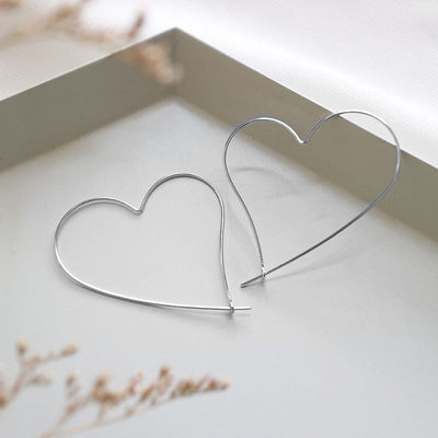 nolo cute unique heartfelt big hoop thin heart shape hoop silver wire artsy earrings