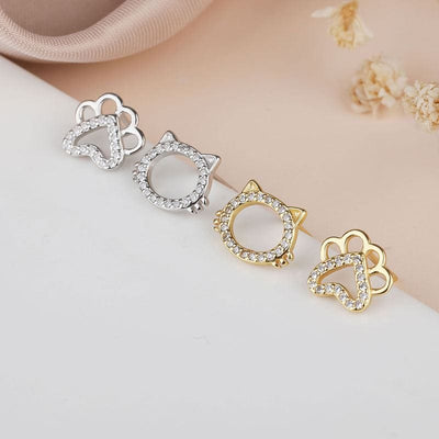 nolo super cute kitty cat head and paw foot print dainty tiny small cubic zirconia 18k gold plated sterling silver mismatched cat lover stud earrings