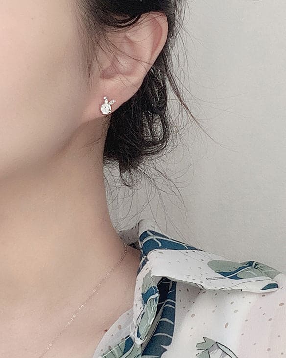 woman wearing nolo cute curved rabbit ears sterling silver gemstone stud earrings