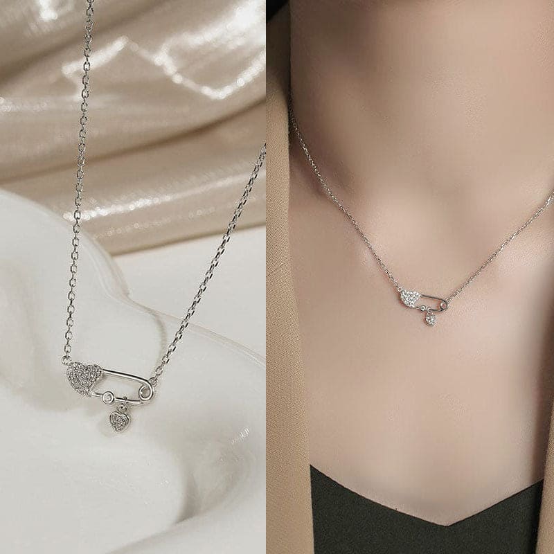 woman wearing nolo cute moveable safety pin heart cubic zirconia slide sliding heart dainty fun 925 sterling silver necklace