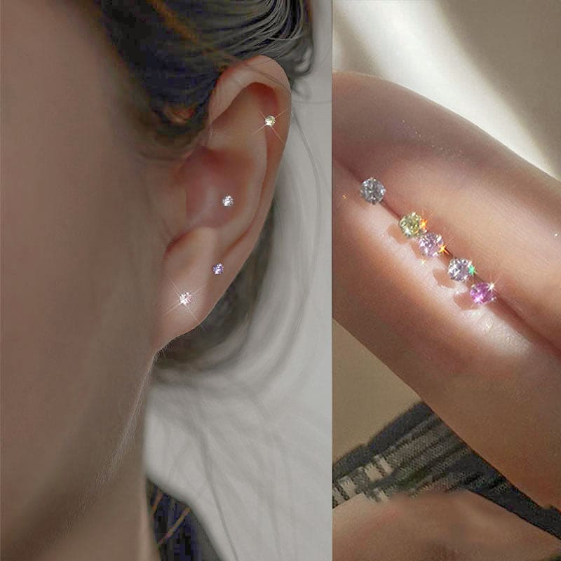 woman wearing nolo cute super dainty colored mini birthstone gemstone sterling silver stud earrings