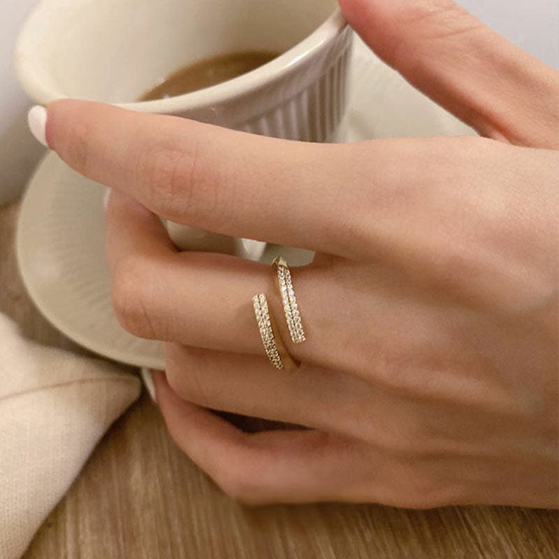 woman wearing nolo double wrap two bar open cubic zirconia bold angular adjustable statement 18k gold plated 925 sterling silver ring