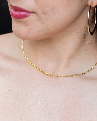 woman wearing nolo half and half paperclip and cuban link gold plated sterling silver splicing necklace