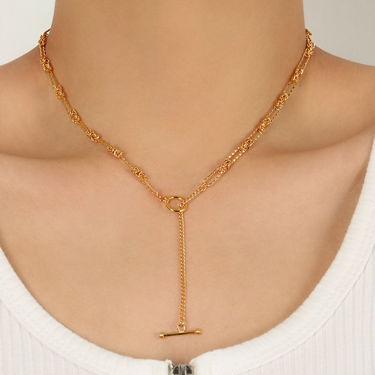 woman wearing nolo rich exotic OT toggle clasp lariat style choker gold plated sterling silver unique chain drop necklace