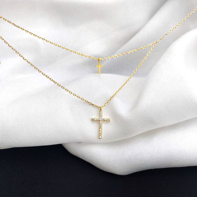 18k gold plated sterling silver double layer cross chain necklace