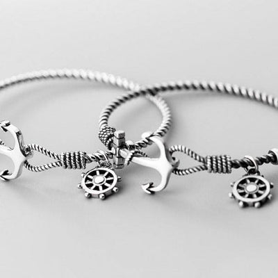 Anchor And Helm Steering Wheel Pirate Ship Sterling Silver Rope Twist Bracelet