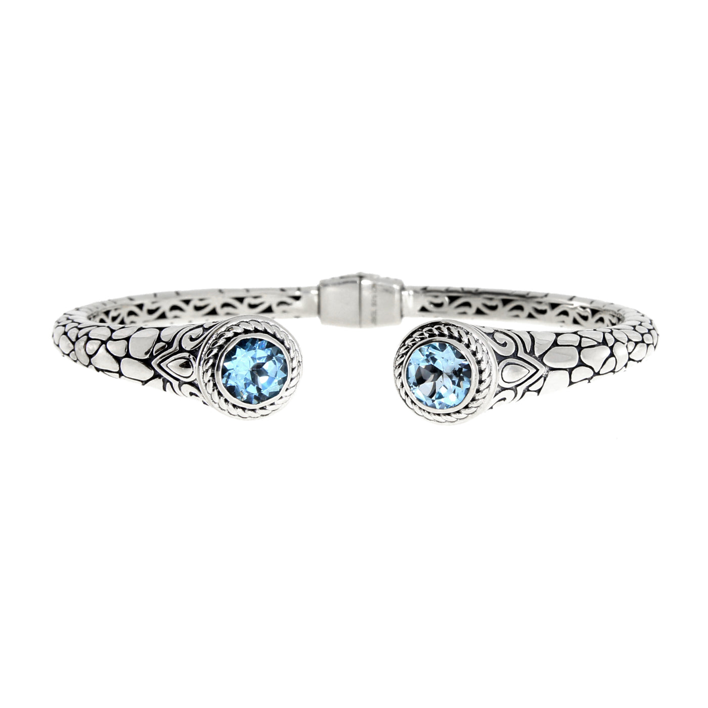 Blue Topaz Bali Rose And Stone Textured 925 Sterling Silver Vintage Cuff Bracelet