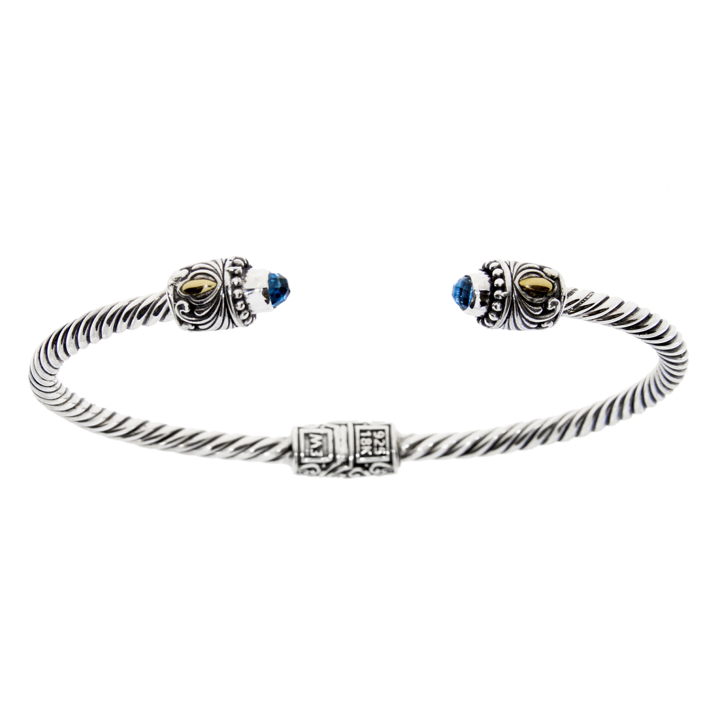 Blue Topaz Twisted Spiral Cable 18K Gold & Sterling Silver Vintage Bali Rose Cuff Bracelet