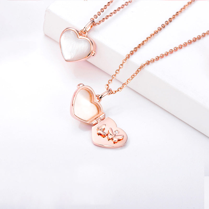 Butterfly And Heart Shaped Pearl Locket I Love You 925 Sterling Silver Necklace