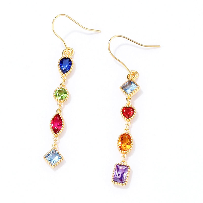 Colorful Geometric Shaped Cubic Zirconia Sterling Silver 9K Gold Plated Long Dangle Earrings