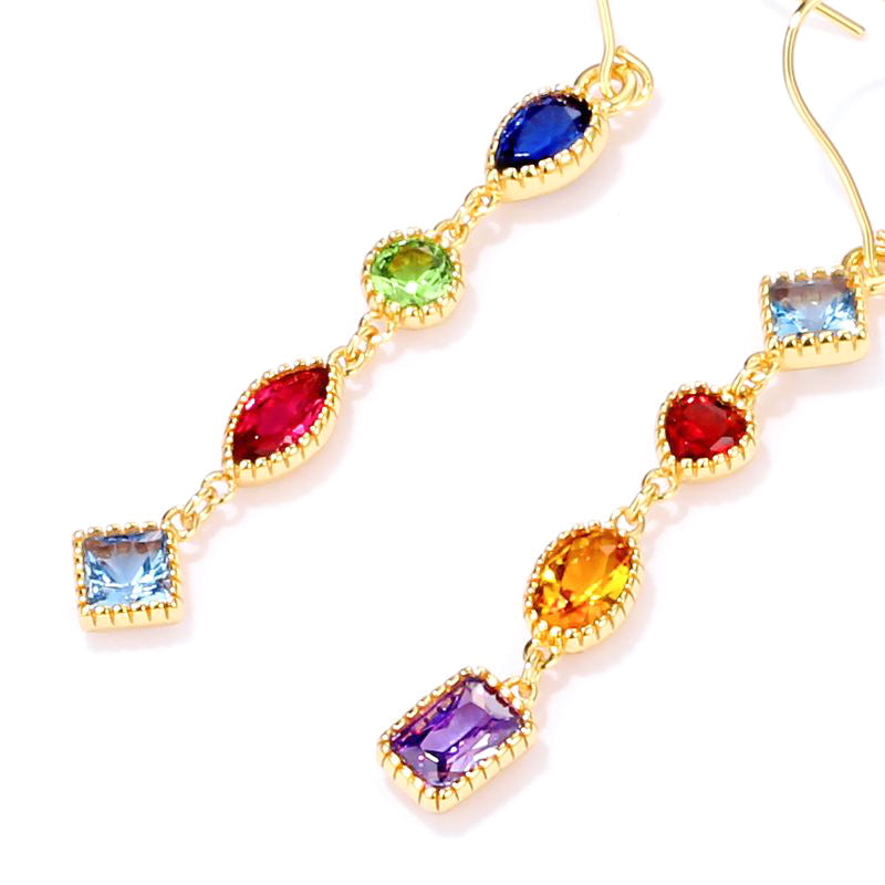 Colorful Geometric Shaped Cubic Zirconia Sterling Silver 9K Gold Plated Long Dangle Earrings