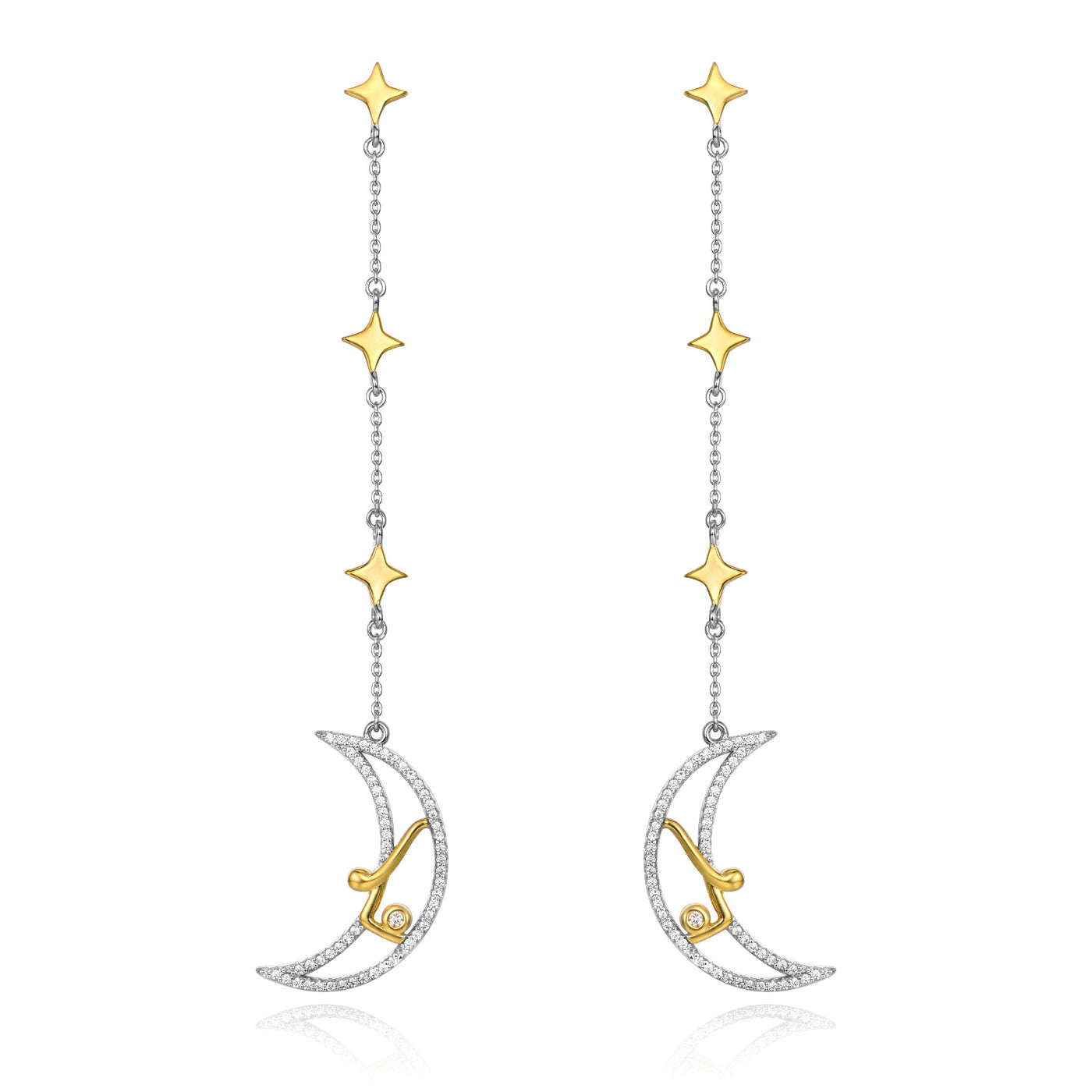 Crescent Man In The Moon And Star 925 Sterling Silver Cubic Zirconia Dangle Drop Earrings