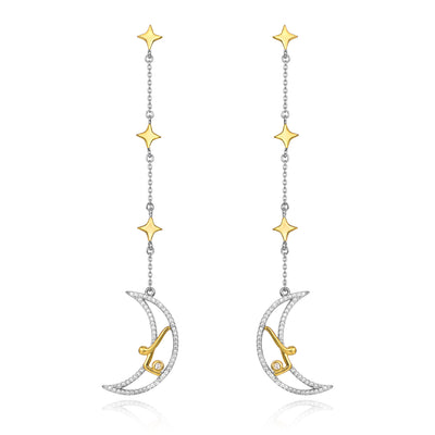 Crescent Man In The Moon And Star 925 Sterling Silver Cubic Zirconia Dangle Drop Earrings