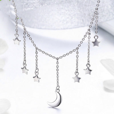 Crescent Moon And Multi Star "Starry Night" Sterling Silver Collar Dangle Necklace