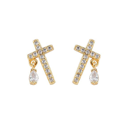 Cross Stud 18K Gold Plated Sterling Silver And Zirconia Gemstone Small Faith Earrings
