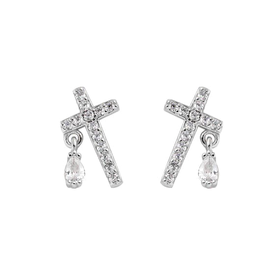 Cross Stud Rhodium Plated Sterling Silver And Zirconia Gemstone Small Faith Earrings