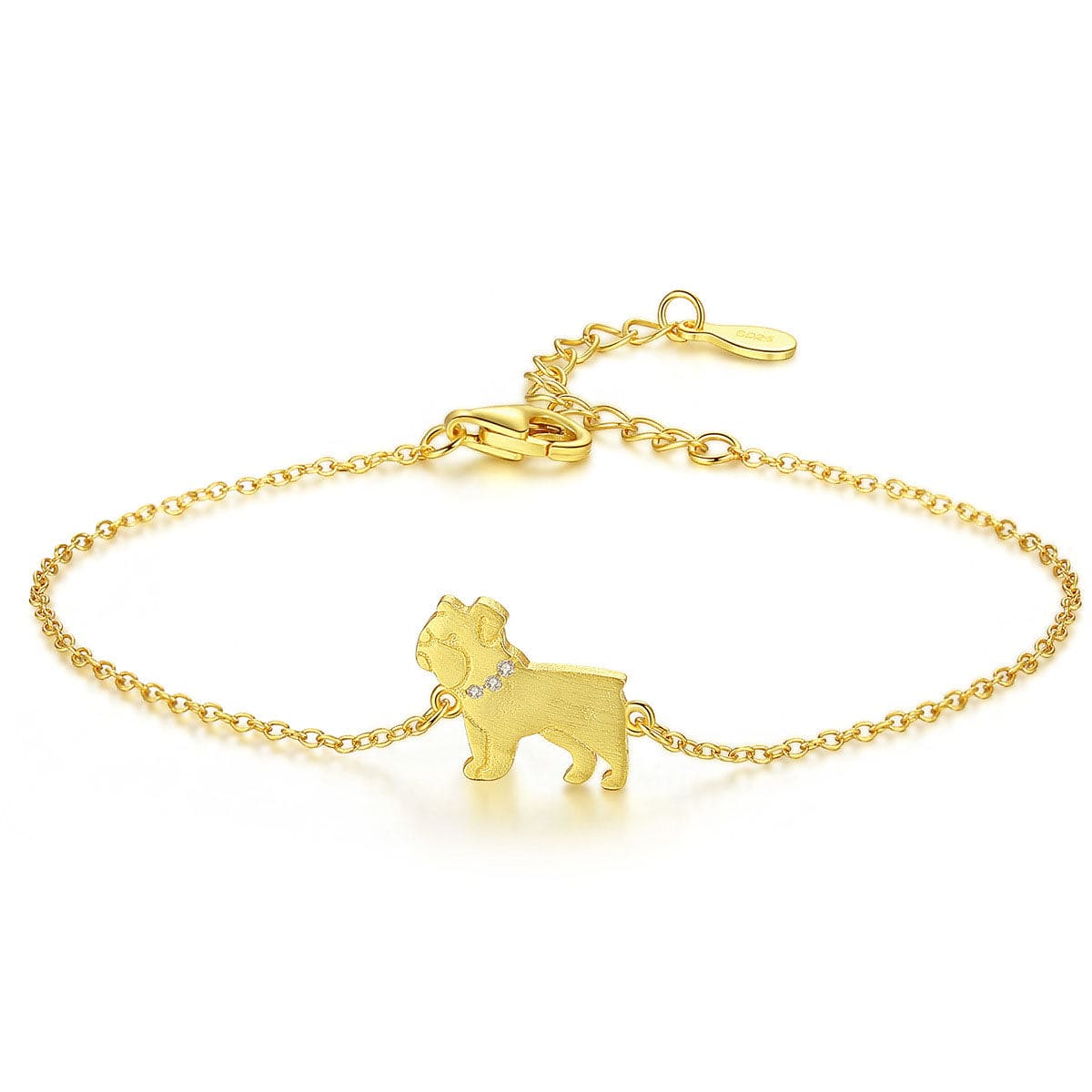 Cute Pug Dog With Gemstone Collar 18K Gold Plated Sterling Silver Bracelet