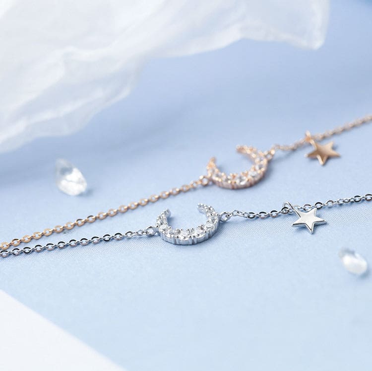 Dainty Crescent Moon And Star Cubic Zirconia Gold Plated Sterling Silver Bracelet