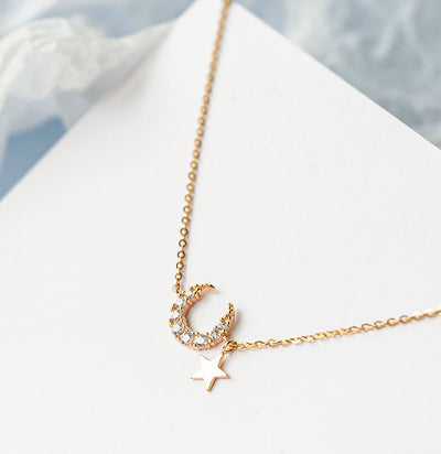 Dainty Crescent Moon And Star Cubic Zirconia Gold Plated Sterling Silver Bracelet