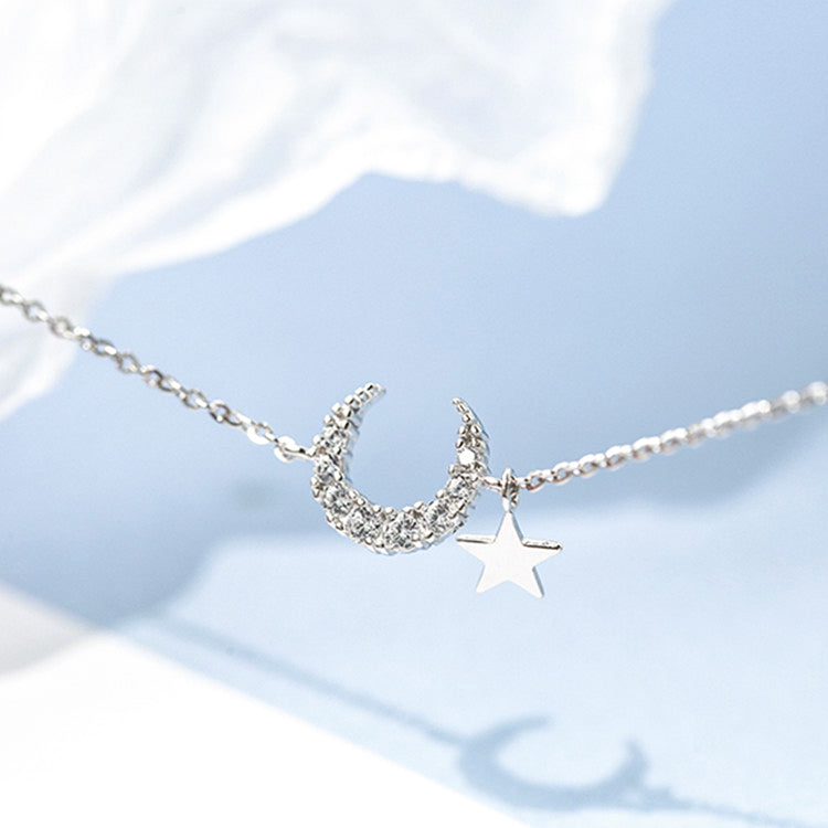Dainty Crescent Moon And Star Cubic Zirconia Sterling Silver Bracelet