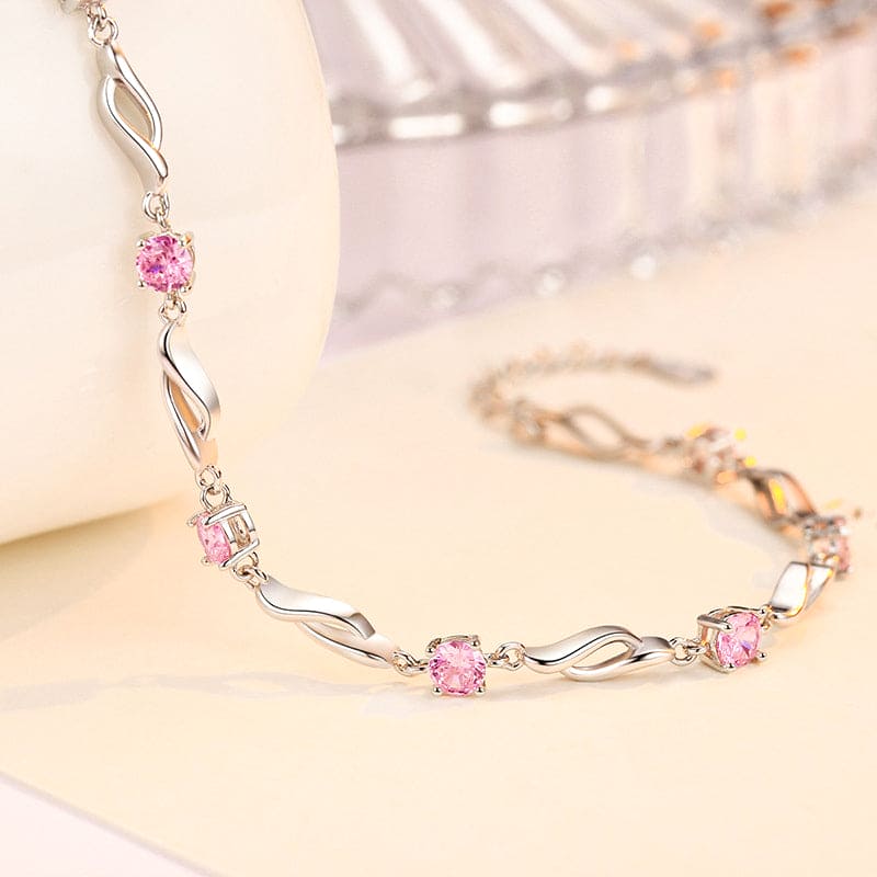 Elegant Round Pink Gemstone Eternity Sterling Silver Women's Bracelet
