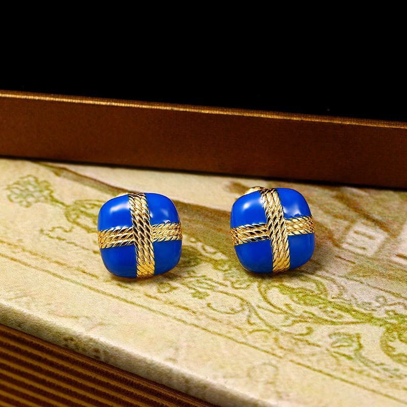 Elegant Royal Winter Blue And Gold Enamel 14K Gold Sterling Silver Stud Earrings
