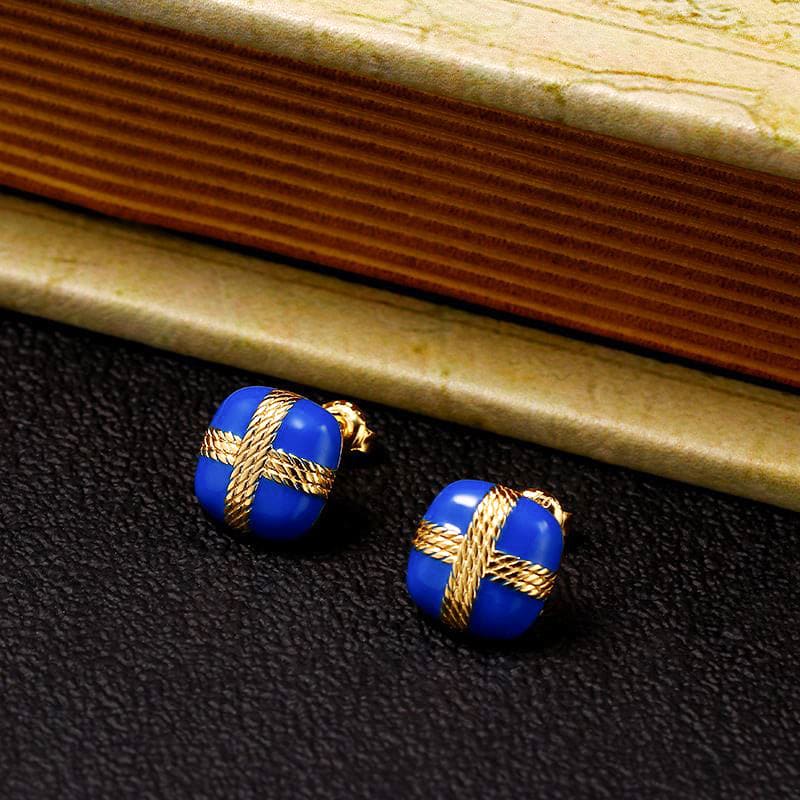 Elegant Royal Winter Blue And Gold Enamel 14K Gold Sterling Silver Stud Earrings