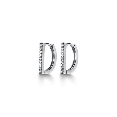 Flat Bar D Shape Small Huggie Luxurious Sterling Silver Cubic Zirconia Earrings