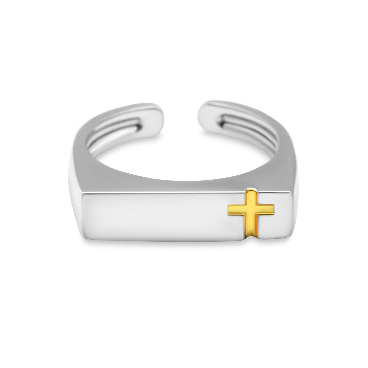 Flat Bar Signet Christian Golden Cross Sterling Silver Minimal Ring