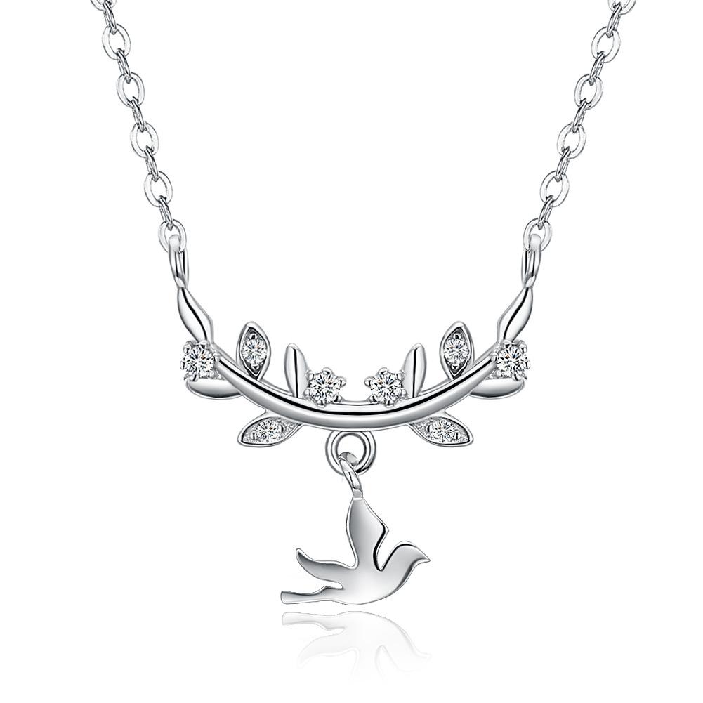 Flying Dove And Leafy Olive Branch 925 Sterling Silver Dainty Necklace