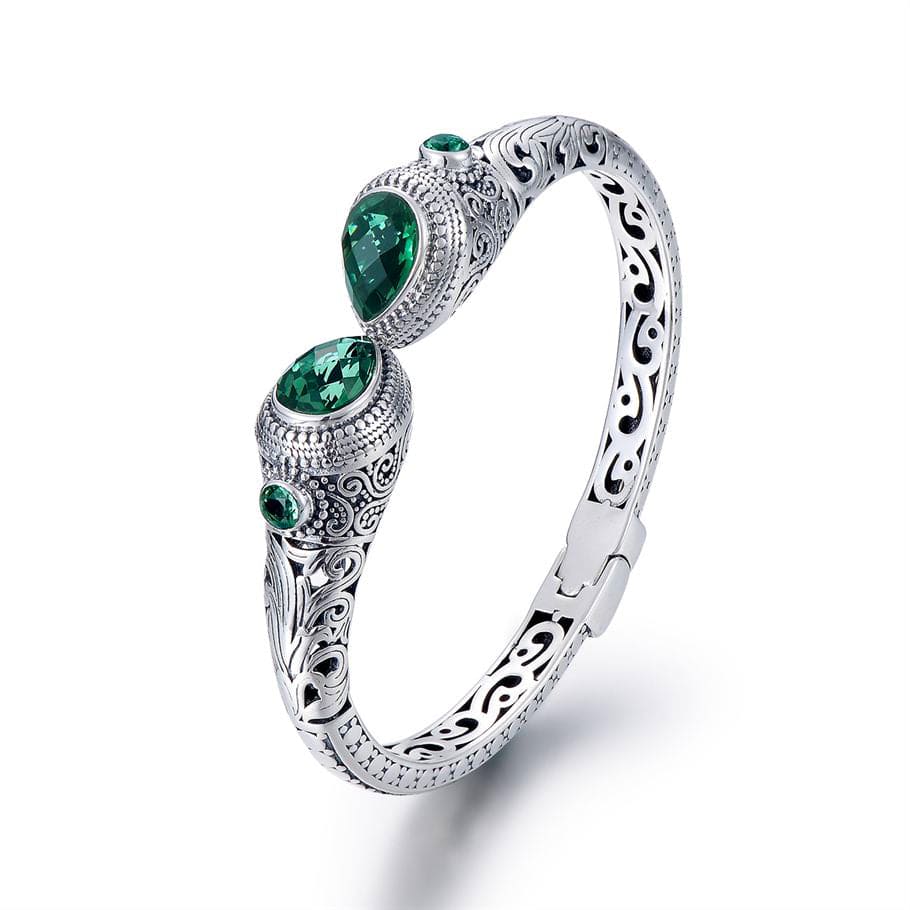Green Corundum Sterling Silver Indonesian Ornament Style Women's Hollow Cut Cuff Bracelet