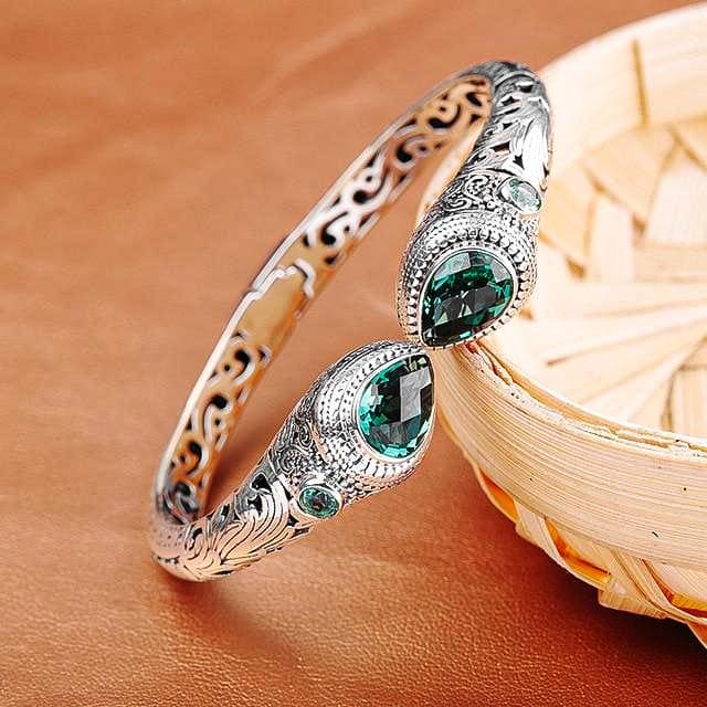 Green Corundum Sterling Silver Indonesian Ornament Style Women's Hollow Cut Cuff Bracelet