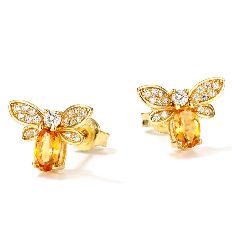 Little Honey Bee Beekeeper Gold Plated Sterling Silver Citrine And Cubic Zirconia Pair Of Stud Earrings