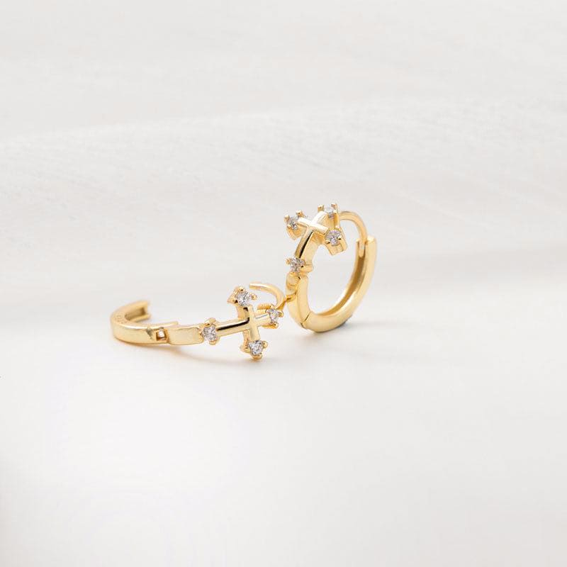 Huggie Hoop Cross 18K Gold Plated Sterling Silver And Zirconia Gemstone Small Faith Earrings