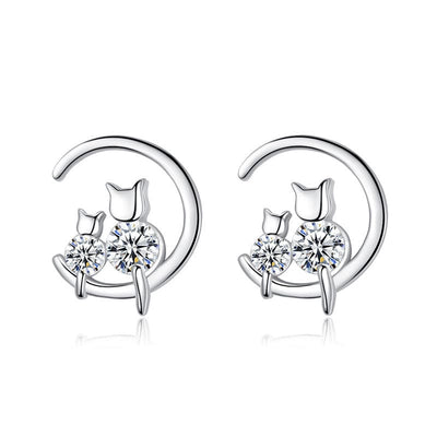 Kitty Cats On Crescent Moon Sterling Silver & Gemstone Small Stud Earrings