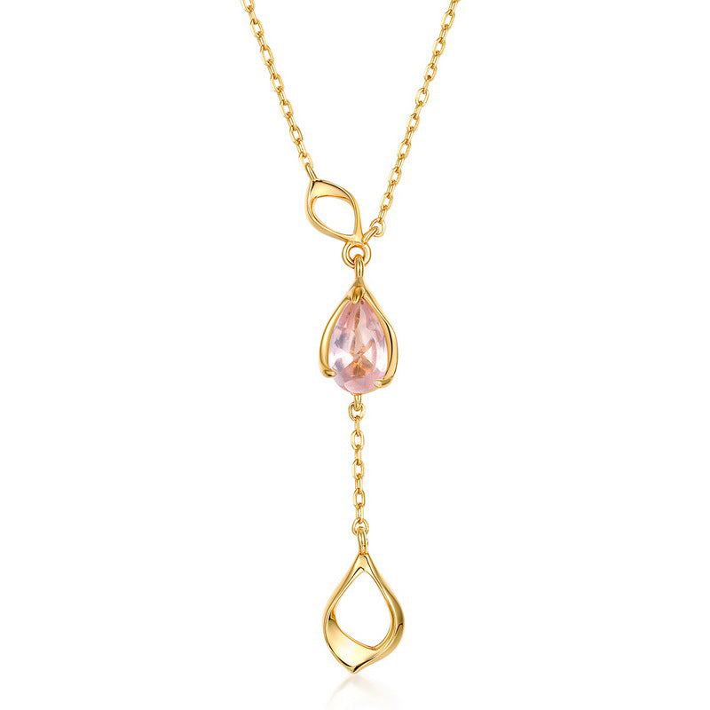 Lariat Style Pink Crystal 925 Sterling Silver Gold Plated Necklace