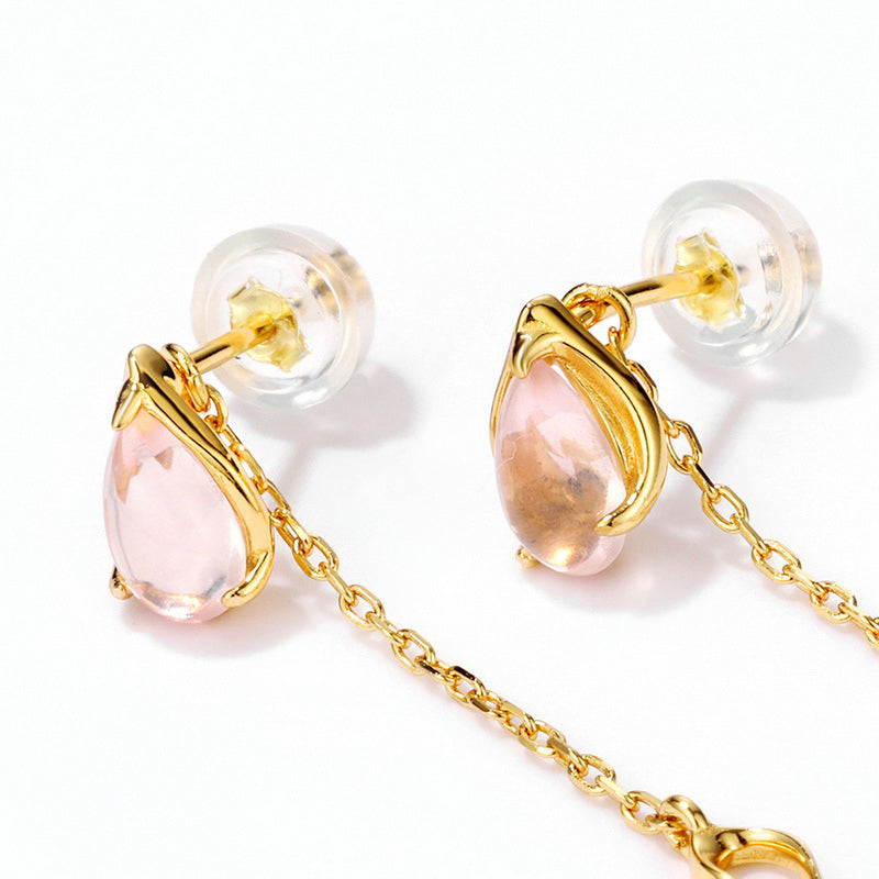 Long Pink Crystal 925 Sterling Silver Gold Plated Dangle Drop Earrings
