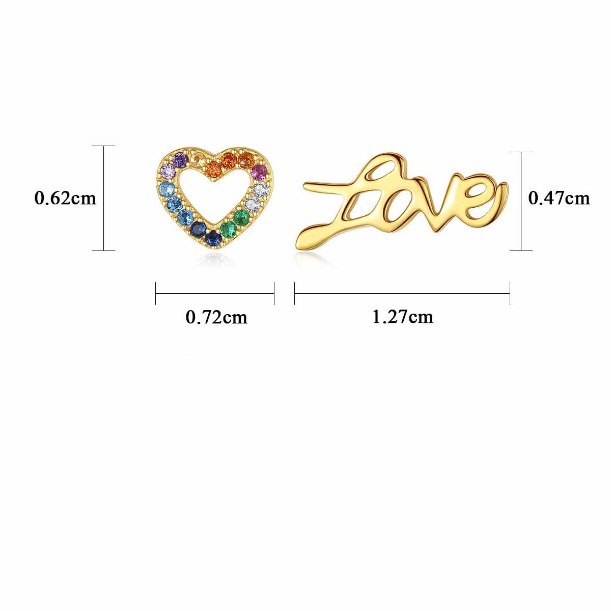 Love And Multi Colored Colorful Heart Candy Cubic Zirconia Stud Mismatched Earrings In 18K Gold Plated 925 Sterling Silver