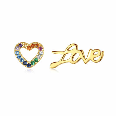 Love And Multi Colored Colorful Heart Candy Cubic Zirconia Stud Mismatched Earrings In 18K Gold Plated 925 Sterling Silver