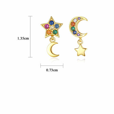 Multi Colored Colorful Candy Moon And Star Mismatched Cubic Zirconia Earrings In 18K Gold Plated 925 Sterling Silver