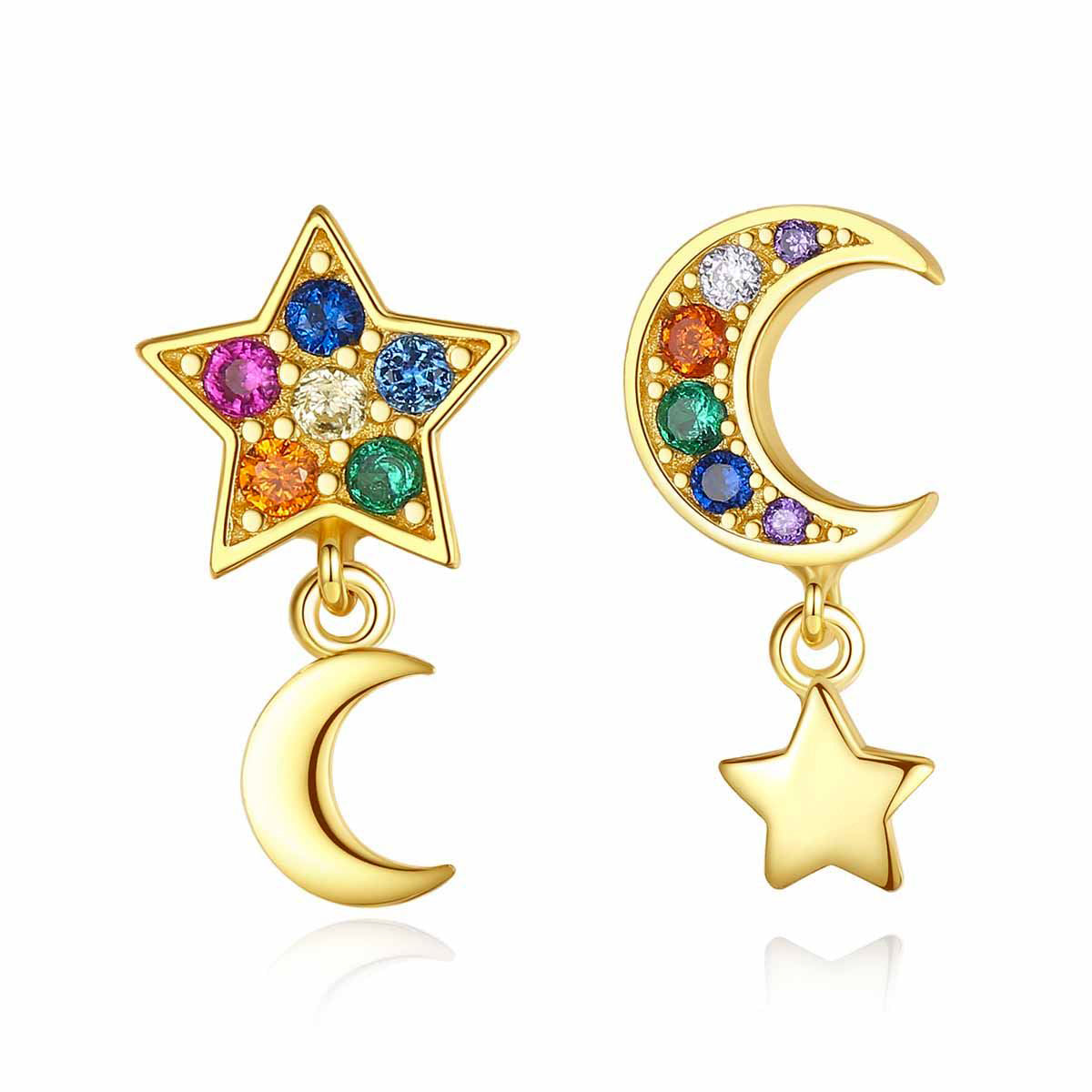 Multi Colored Colorful Candy Moon And Star Mismatched Cubic Zirconia Earrings In 18K Gold Plated 925 Sterling Silver