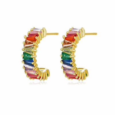 Multi Colored Colorful Candy Small Open Huggie Hoop Cubic Zirconia Earrings In 18K Gold Plated 925 Sterling Silver